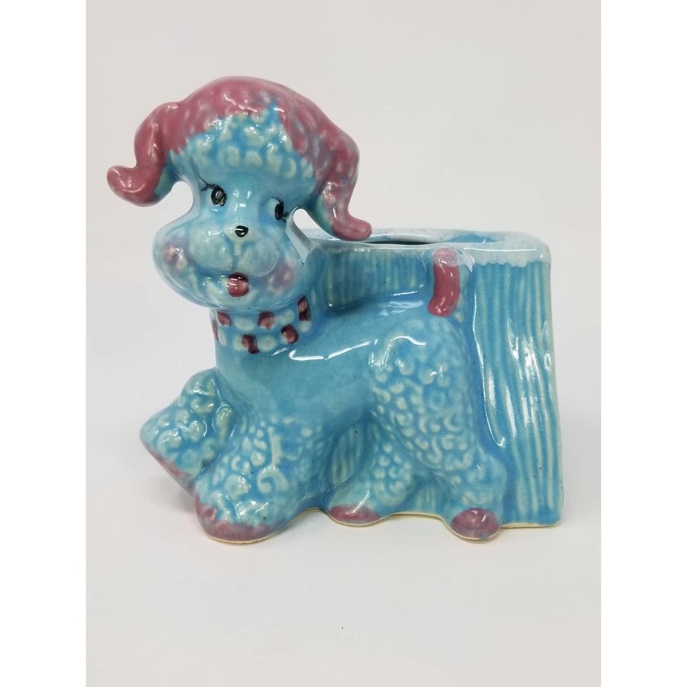 VINTAGE OPCO Adorable 50's 60's Ceramic Blue Poodle Planter Cottage Kitschy